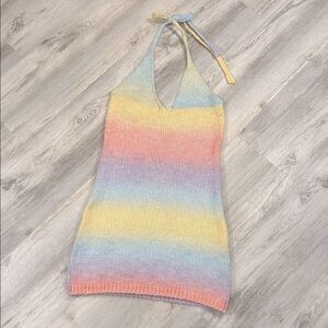Princess Polly Pastel Gradient Rainbow Crochet Knit Halter Tie Mini Dress | Sz S